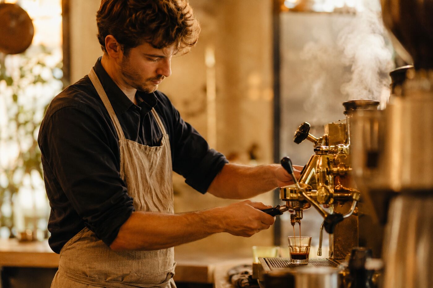 Our barista pulling an espresso shot on the brass machine