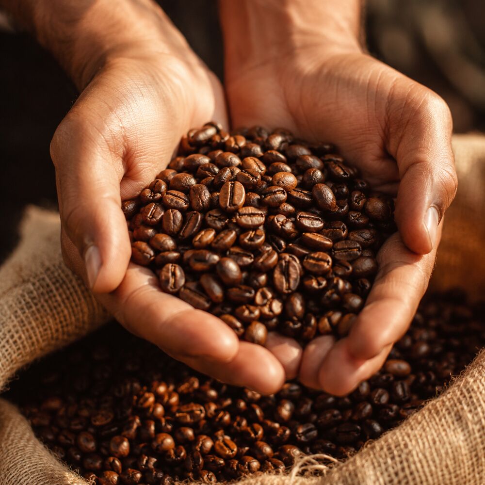 Hands holding freshly roasted coffee beans
