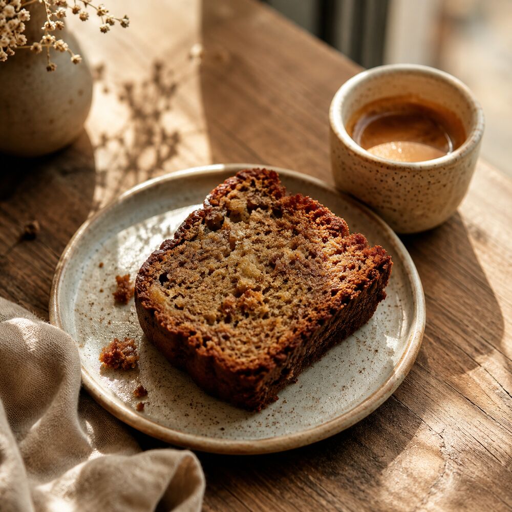A slice of banana bread beside an espresso