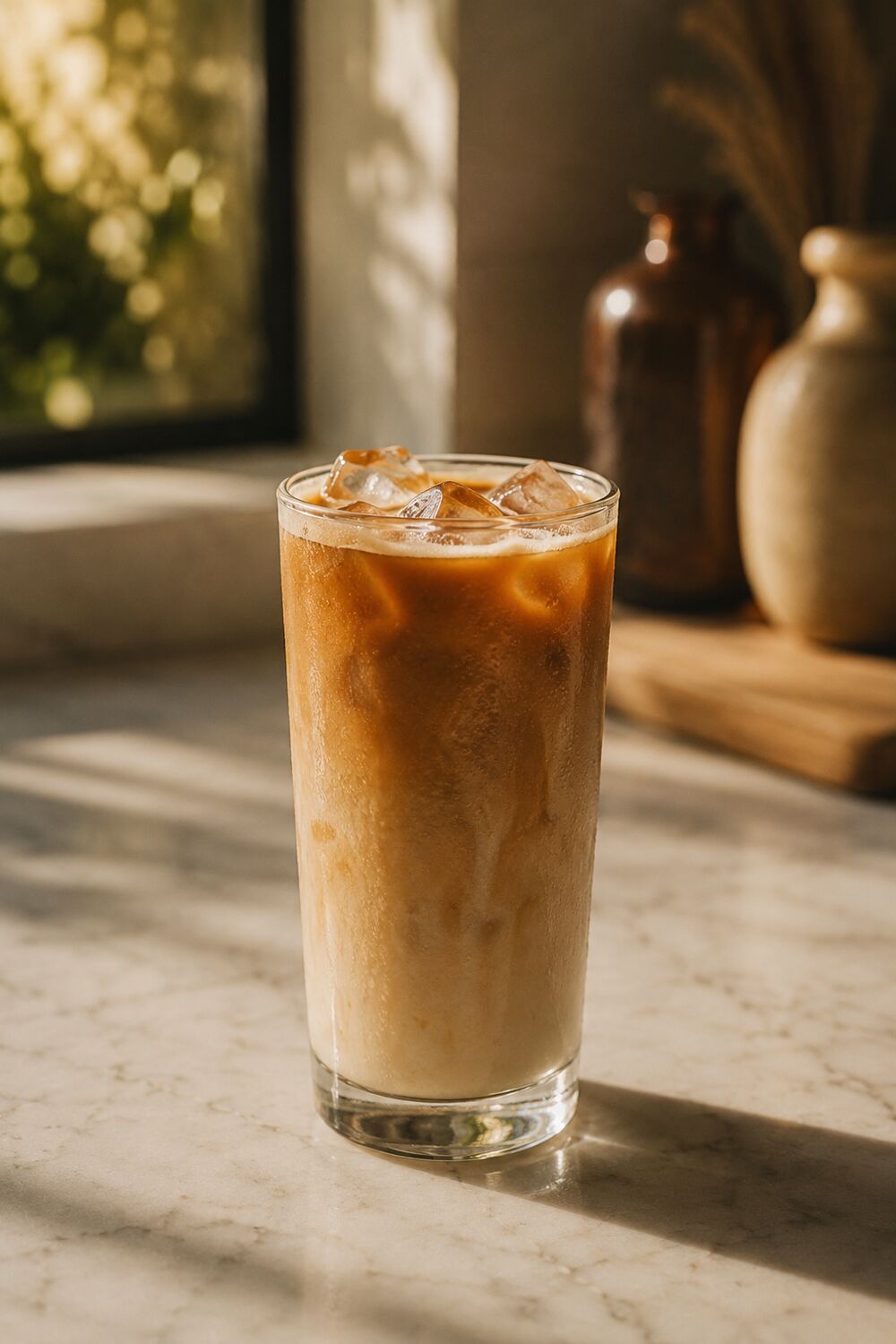 Layered iced oat latte on the marble counter
