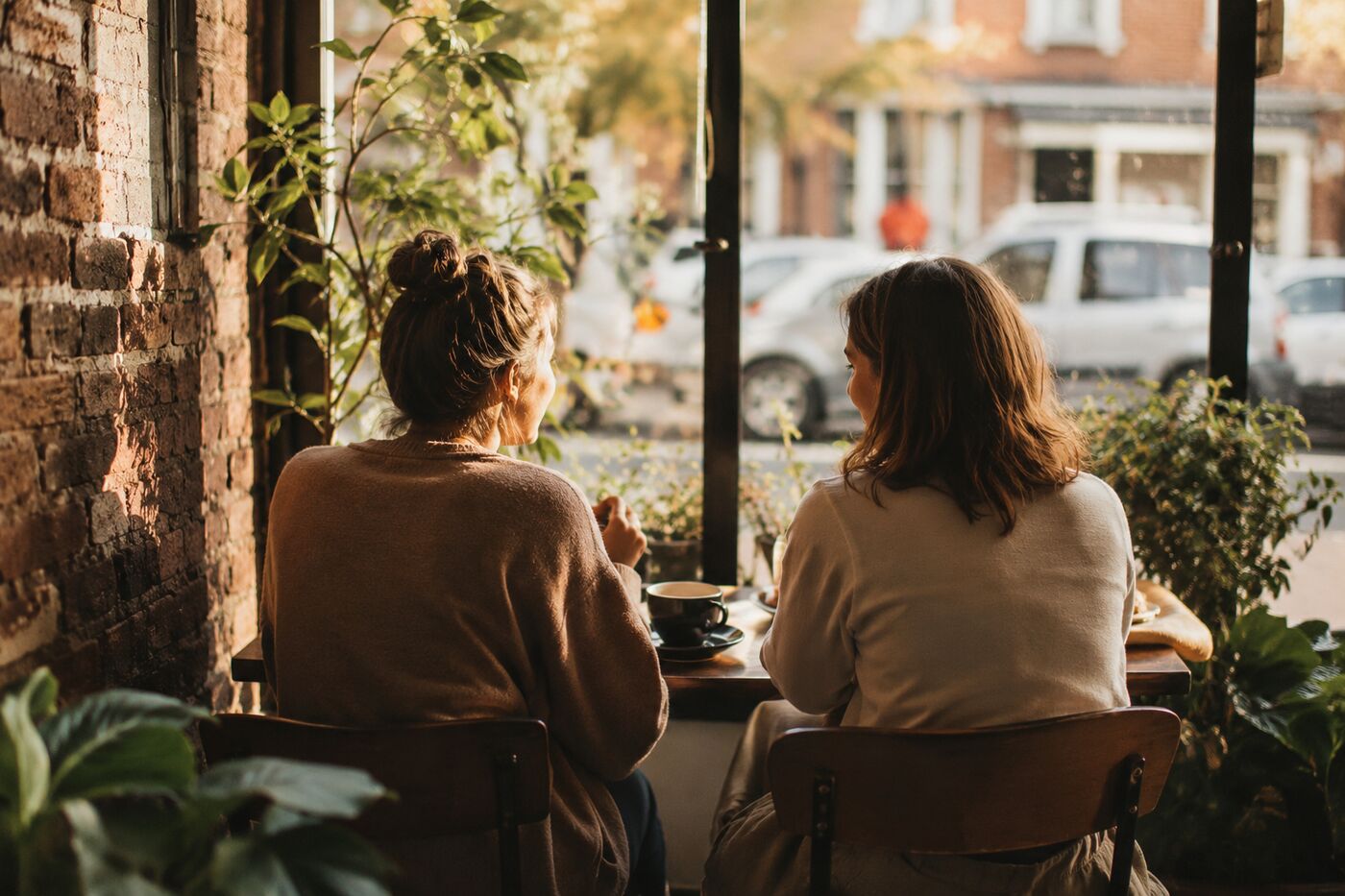 Friends chatting over coffee at a window table