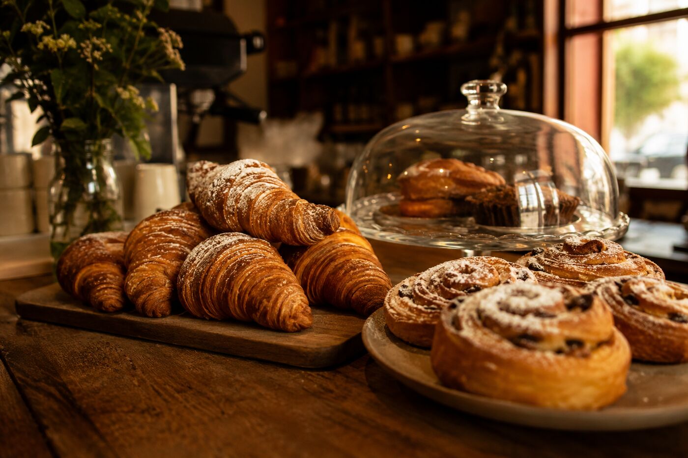 Fresh croissants and cinnamon buns on the counter