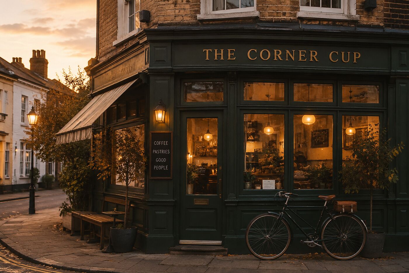 The Corner Cup storefront glowing at dusk